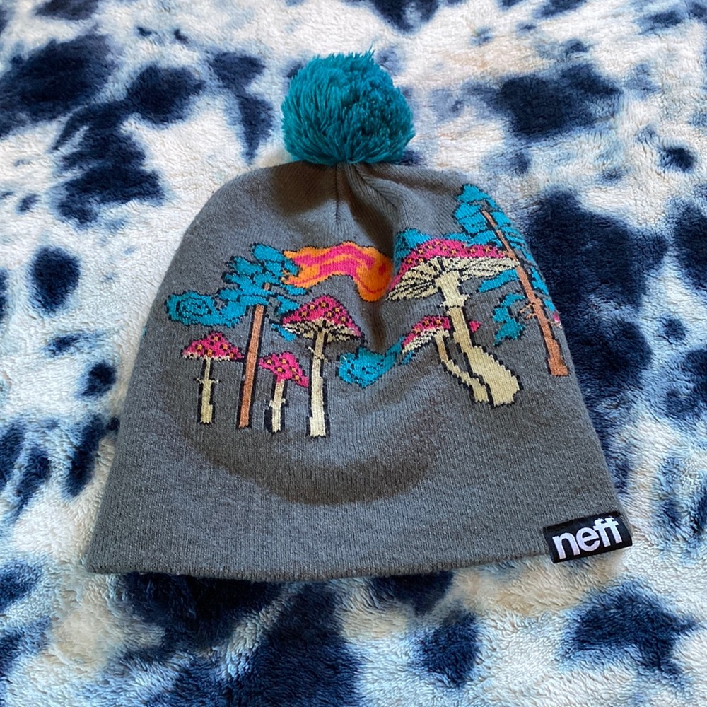 RARE Mushroom beanie with blue pom